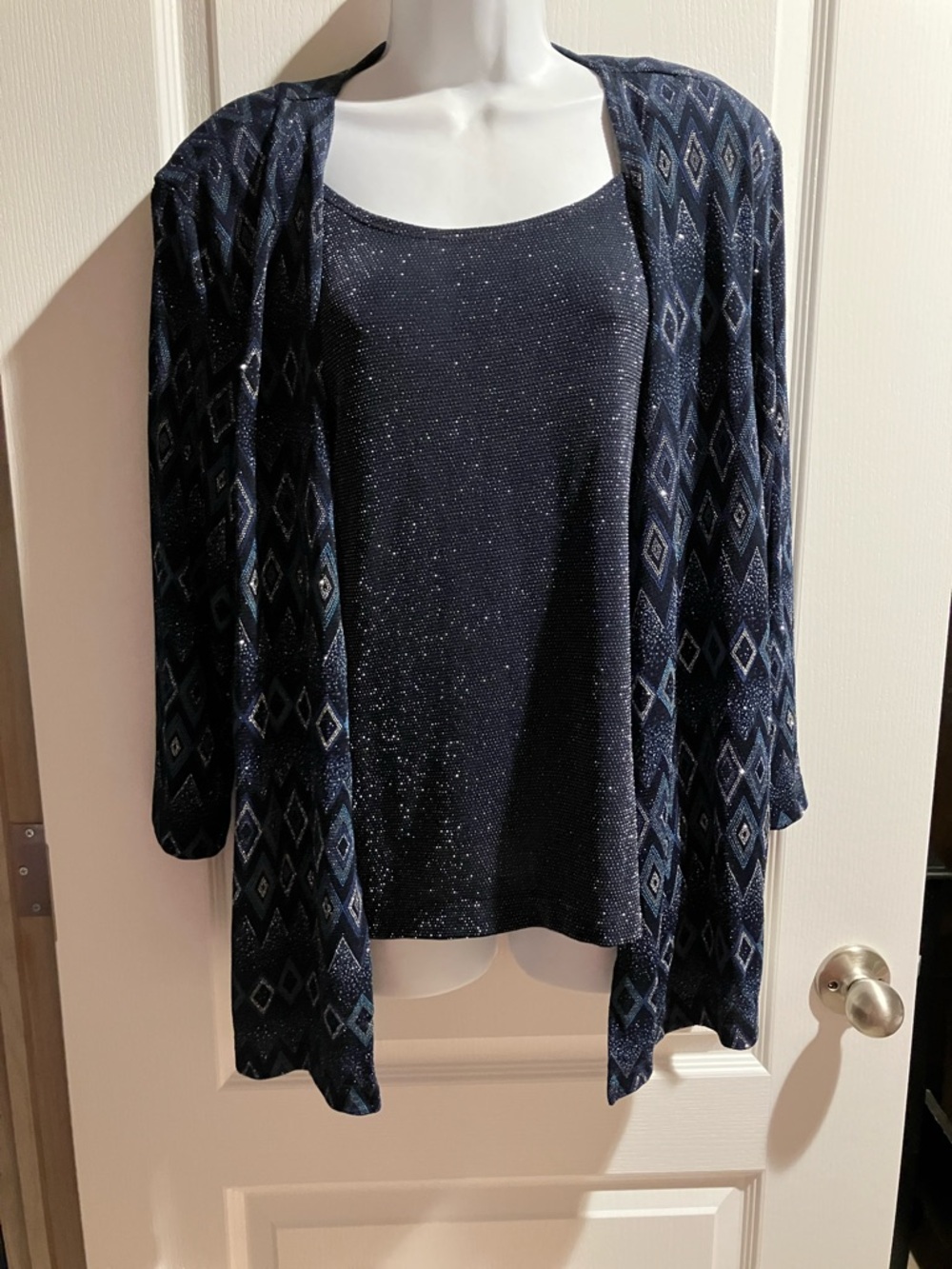 Alfred Dunner Navy Sparkle Tank with Diamond-Pattern Open Cardigan
